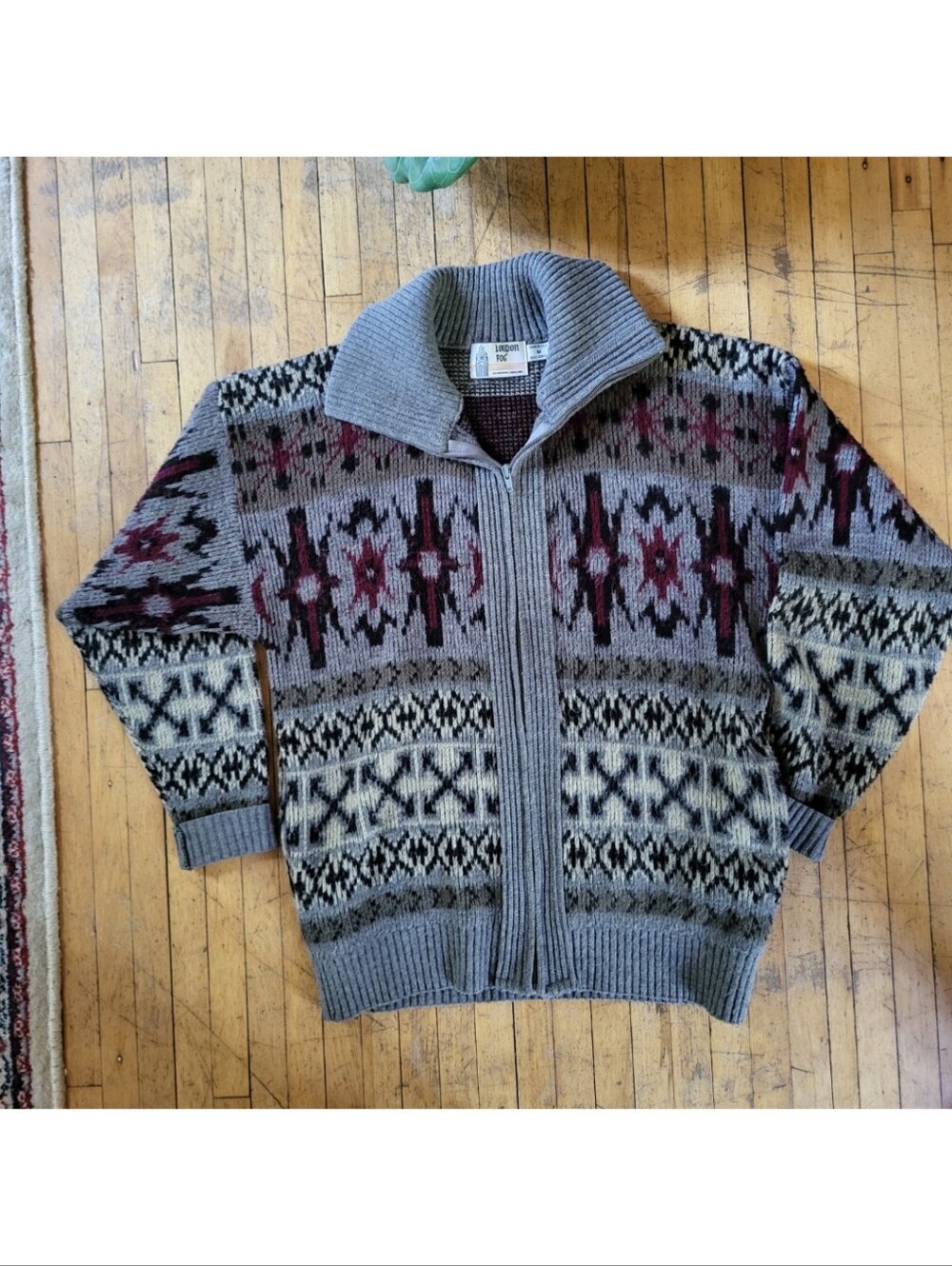 Vintage 80s London Fog Cowichan style cardigan fair isle Full Zip sweater Sz M